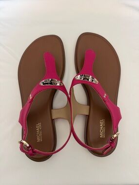 MICHAEL Michael Kors Pink T-Strap Sandals with Gold Accents